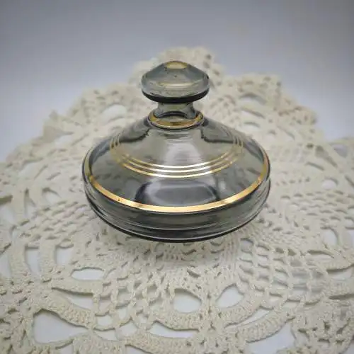 Deckeldose Glas Goldrand grau Mid Century Schmuckdose Zuckerdose Rauchglas Vanit