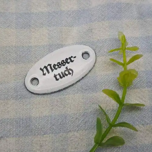 Antike Emaille Plakette Messertuch Schild schwarz weiß 4 cm Retro Küchenschild g