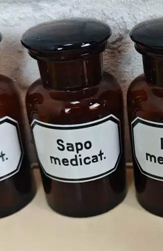 Apothekerflasche Sapo medicat. Gefäß braun antik Medizin Flasche Emaille