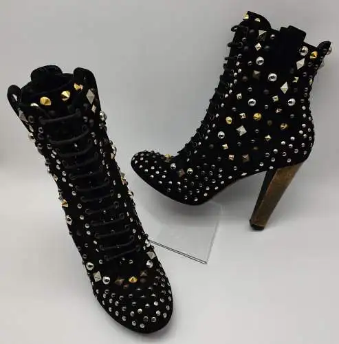 D&G Dolce & Gabbana ankle Boots Nieten Spikes Absatz schwarz Leder Schnürstiefel