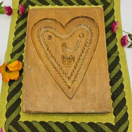 Springerle Form Holz Model Backform antik Herz Kranz Vogel Eiche geschnitzt
