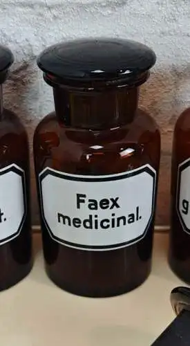 Apothekerflasche Faex. medicinal. Gefäß braun antik Medizin Flasche Emaille