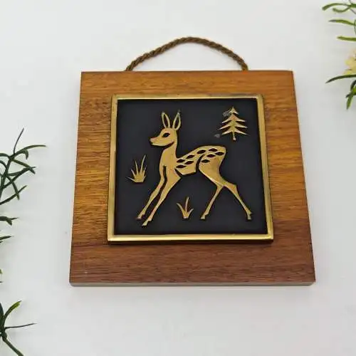 Wandbild Bambi Reh Hirsch Bild Holz Messing 60er Jahre Midcentury modern Dekor