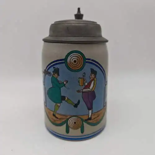 Bierkrug Üb Aug und Hand für's Vaterland antik Zinndeckel Reservisten Kaiserzeit