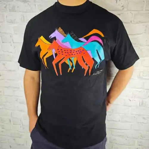 Laurel Burch Elk Canyon Mares T-Shirt schwarz Pferde 1980er Onesize popart Kunst