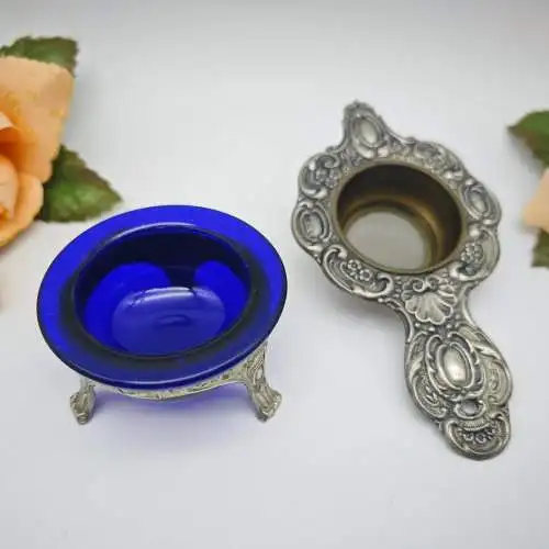 Teesieb mit Abtropfschale Kobaltblau versilbert Ornamente Edwardian Barock Musch