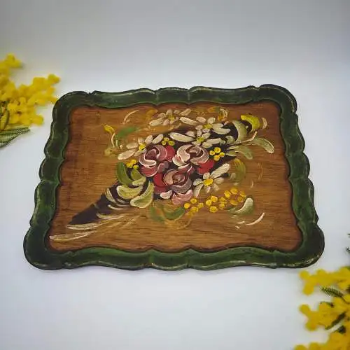 Tablett Holz Bauernmalerei Blumen Rosen Midcentury Landhaus handbemalt Alpen