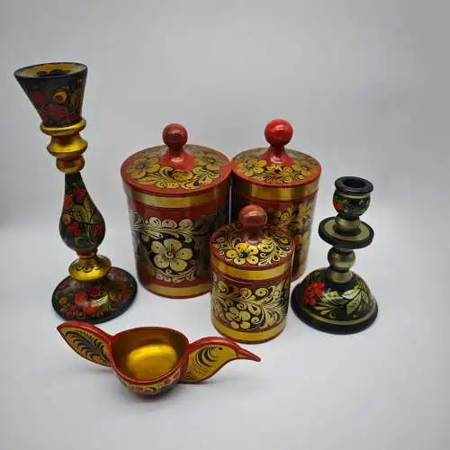 6x traditionelle russische Dekoration Kerzenhalter Behälter Schale Khokhloma