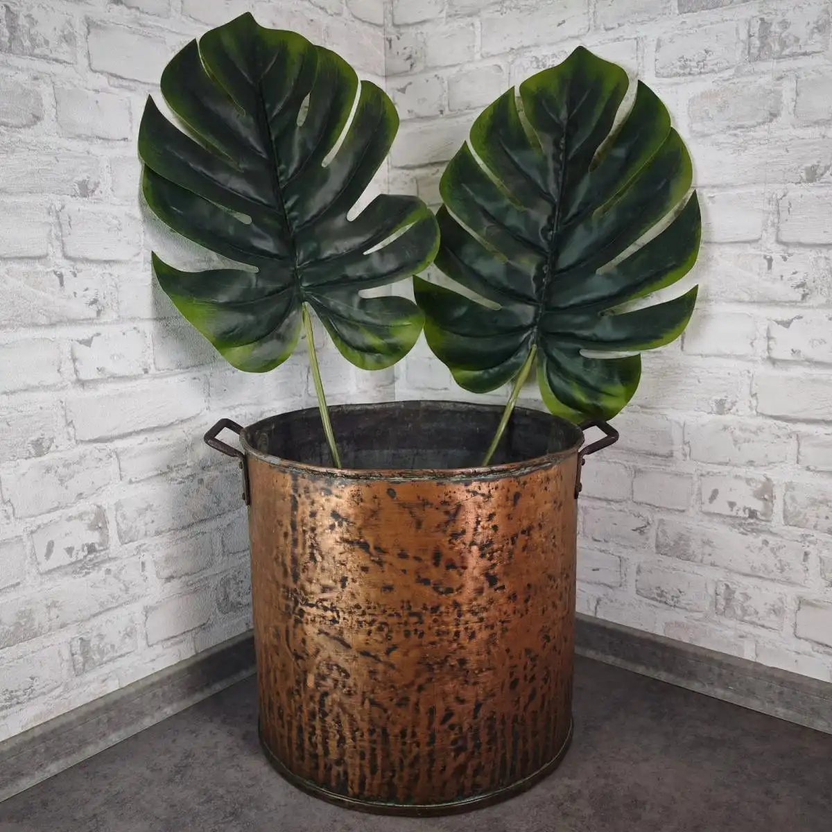 Großer Kupfer Übertopf Eimer mit Griffen 38 cm antik patiniert Hammerschlag Look 0