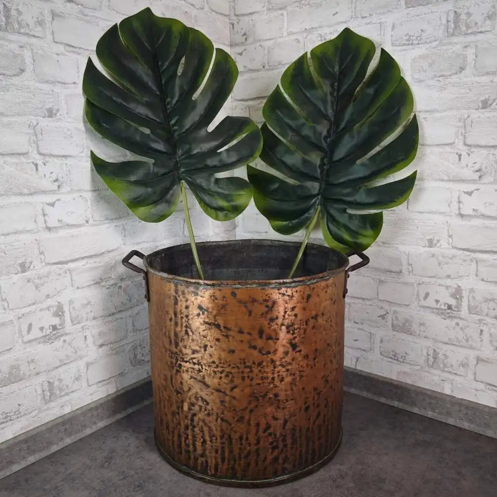 Großer Kupfer Übertopf Eimer mit Griffen 38 cm antik patiniert Hammerschlag Look 0