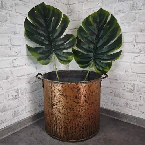 Großer Kupfer Übertopf Eimer mit Griffen 38 cm antik patiniert Hammerschlag Look