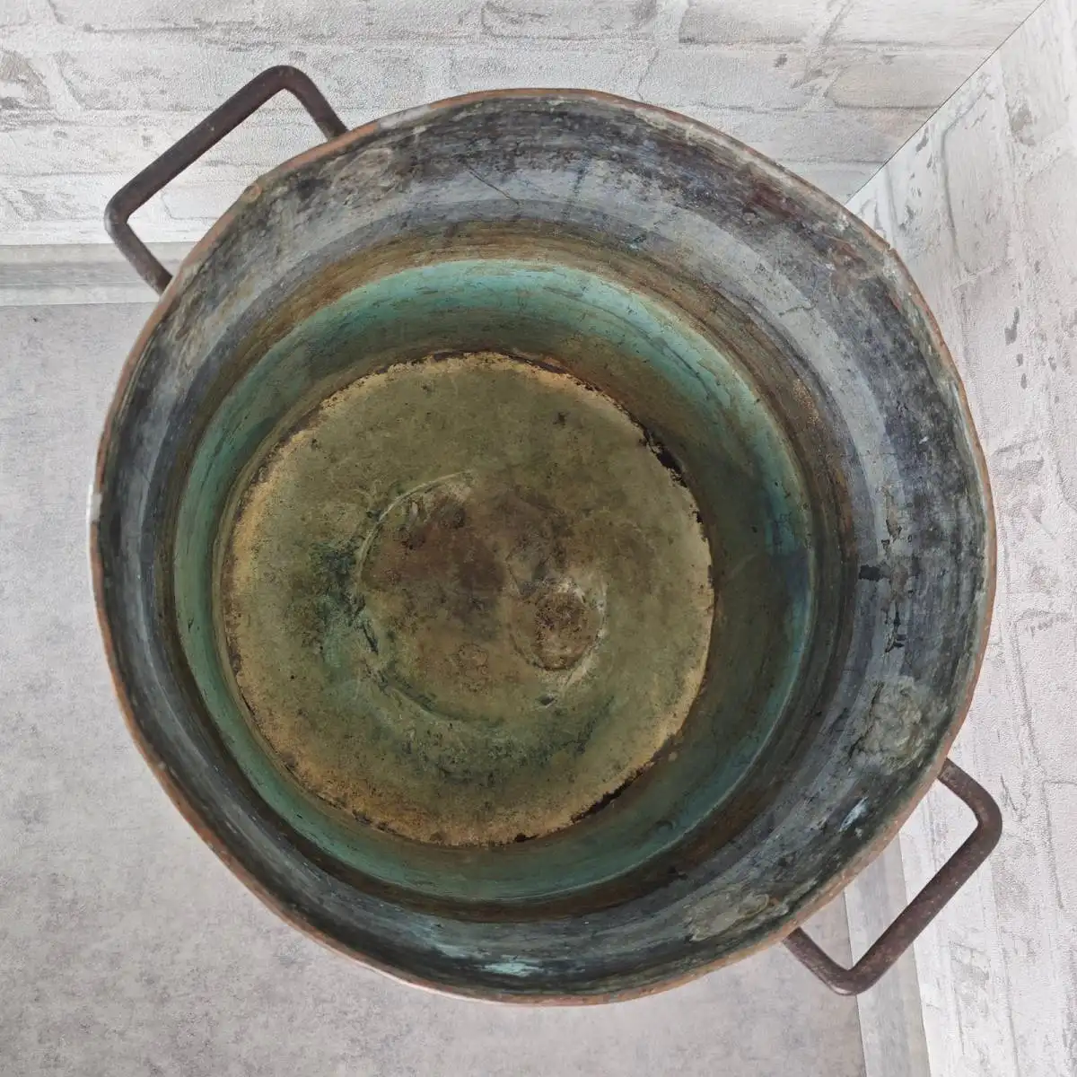 Großer Kupfer Übertopf Eimer mit Griffen 38 cm antik patiniert Hammerschlag Look 6