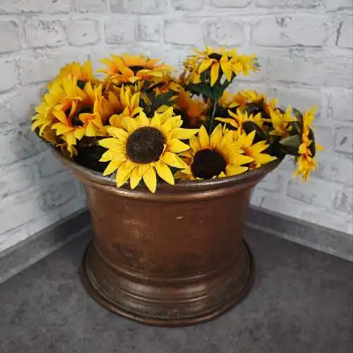 Großer Kupfer Übertopf mit Messinggriffen 42 cm antik patiniert Pflanzgefäß Gart