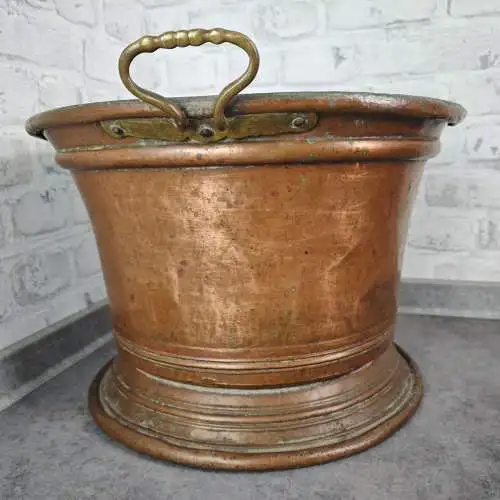 Großer Kupfer Übertopf mit Messinggriffen 42 cm antik patiniert Pflanzgefäß Gart