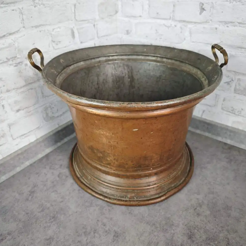 Großer Kupfer Übertopf mit Messinggriffen 42 cm antik patiniert Pflanzgefäß Gart 2