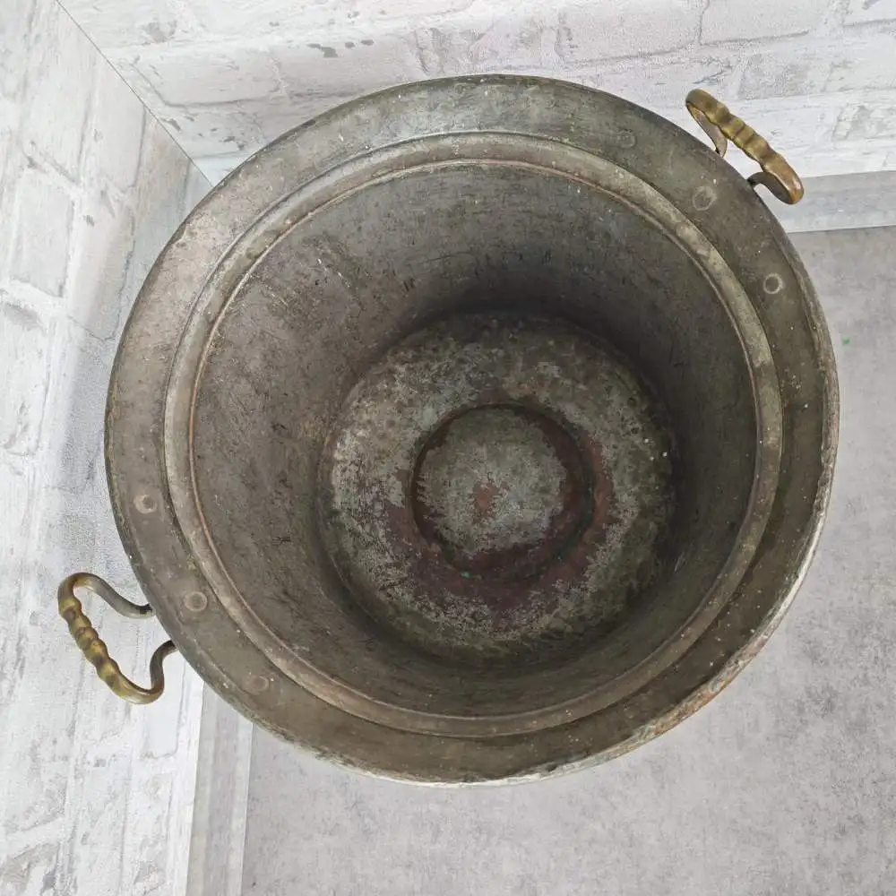 Großer Kupfer Übertopf mit Messinggriffen 42 cm antik patiniert Pflanzgefäß Gart 4