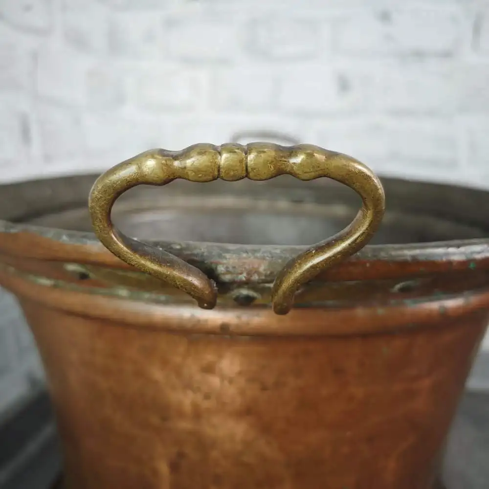 Großer Kupfer Übertopf mit Messinggriffen 42 cm antik patiniert Pflanzgefäß Gart 5