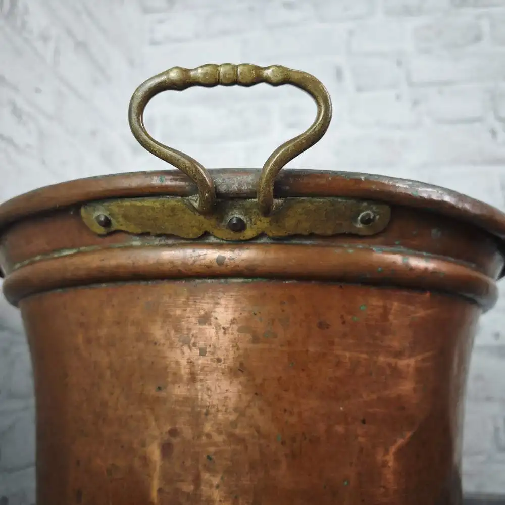 Großer Kupfer Übertopf mit Messinggriffen 42 cm antik patiniert Pflanzgefäß Gart 6