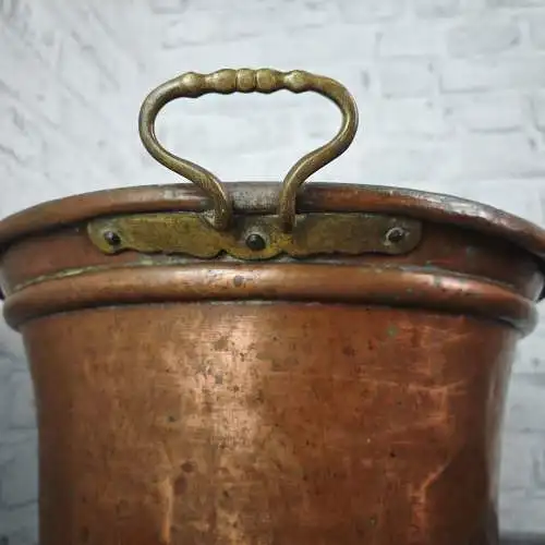 Großer Kupfer Übertopf mit Messinggriffen 42 cm antik patiniert Pflanzgefäß Gart