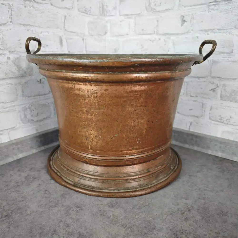 Großer Kupfer Übertopf mit Messinggriffen 42 cm antik patiniert Pflanzgefäß Gart 7
