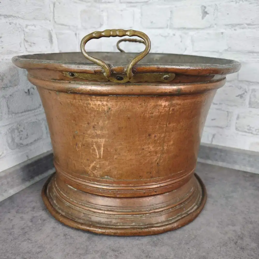 Großer Kupfer Übertopf mit Messinggriffen 42 cm antik patiniert Pflanzgefäß Gart 8