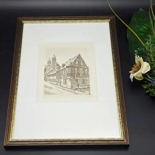 Radierung Speyer Nikolausgasse signiert Wandbild Souvenir Gasthaus zum Halbmond