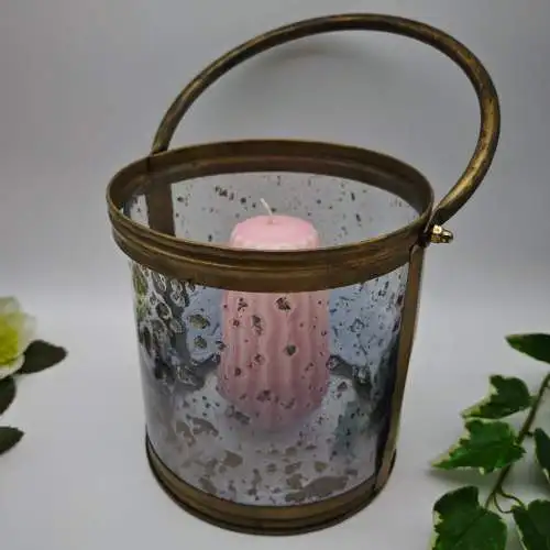 Windlicht Glas Messing Laterne strukturiertes Glas Griff 16 cm Hollywood Regency