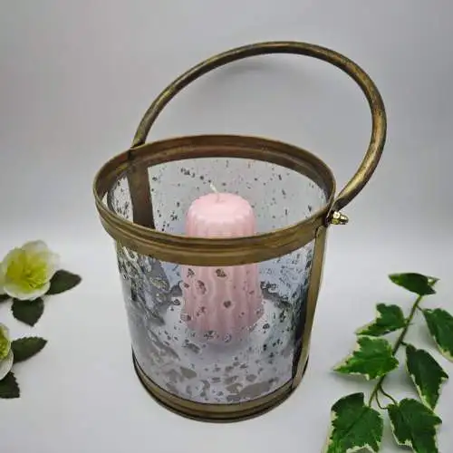 Windlicht Glas Messing Laterne strukturiertes Glas Griff 16 cm Hollywood Regency