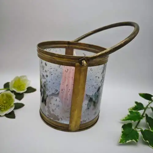 Windlicht Glas Messing Laterne strukturiertes Glas Griff 16 cm Hollywood Regency