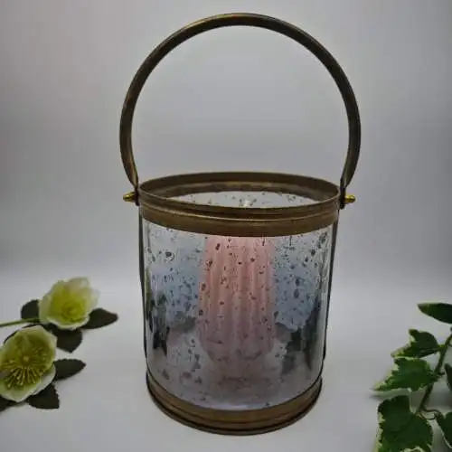 Windlicht Glas Messing Laterne strukturiertes Glas Griff 16 cm Hollywood Regency