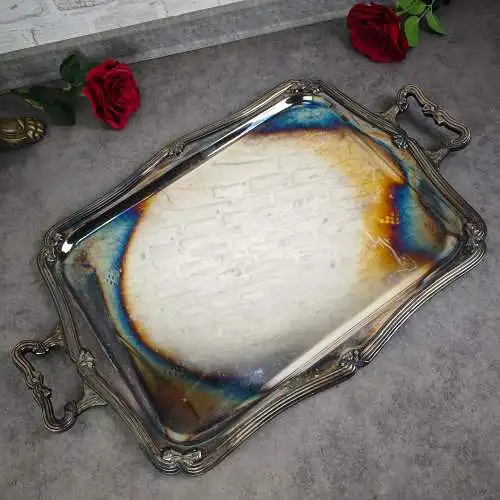 Fracalanza Tablett versilbert Jugendstil Brasilien Silberplatte 64 cm barock
