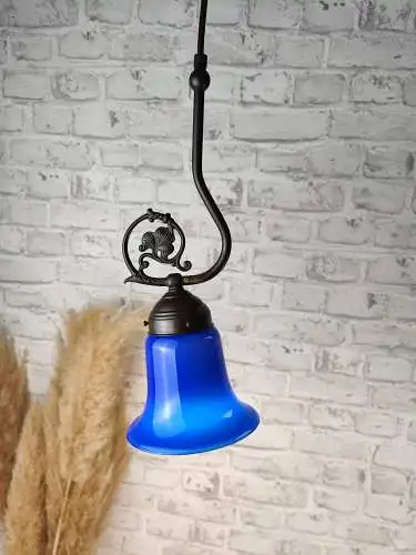 Deckenlampe Lamptique DL1000 Messing Glasschirm Glas Lampe Blatt Blüte blau opal