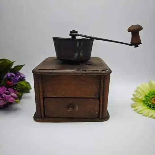 Kaffeemühle antik Holz vintage Kurbel manuell Handmühle Dekoration Landhaus Küch