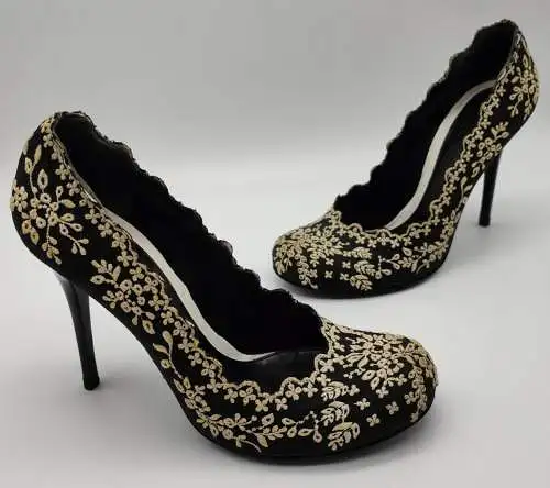 Alexander McQueen High Heels lace schwarz ivory bestickt Absatz Leder Hochzeit