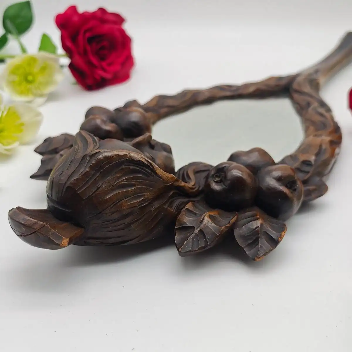 Handspiegel Schminkspiegel Spiegel Holz Jugendstil Schnitzerei Vanity Braut 10