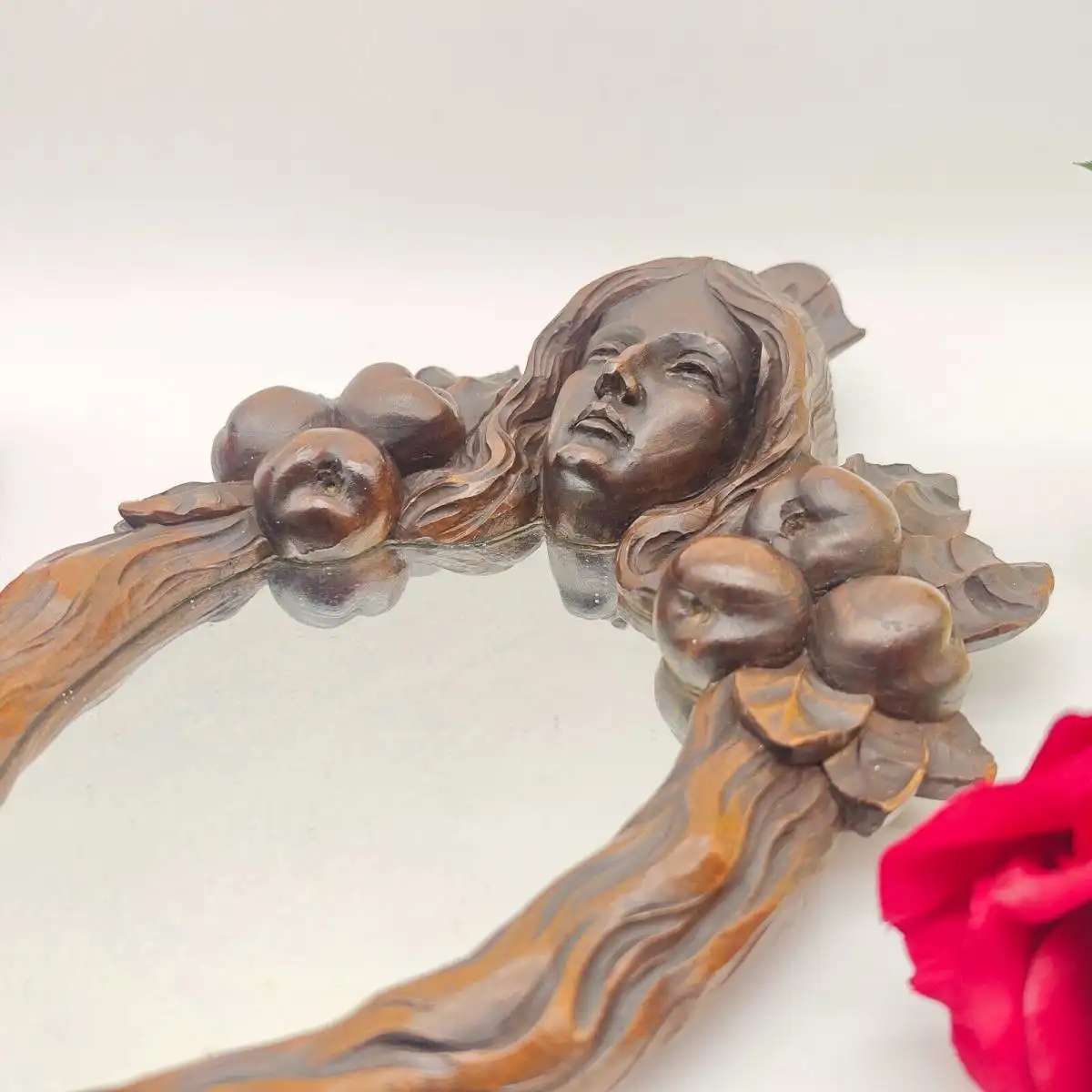 Handspiegel Schminkspiegel Spiegel Holz Jugendstil Schnitzerei Vanity Braut 2