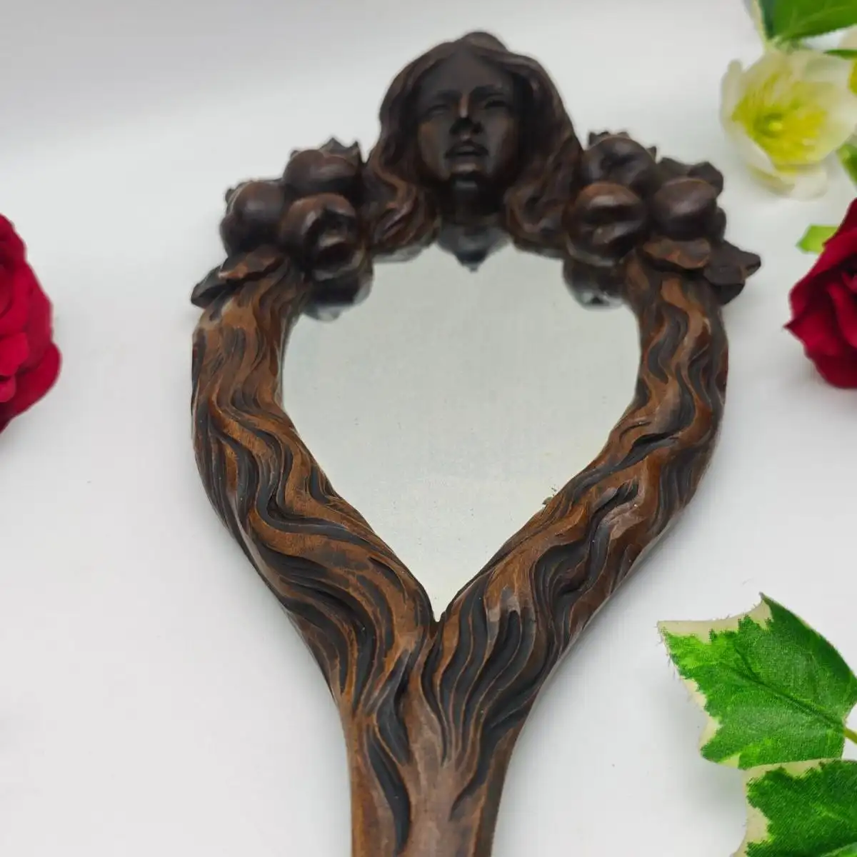 Handspiegel Schminkspiegel Spiegel Holz Jugendstil Schnitzerei Vanity Braut 3