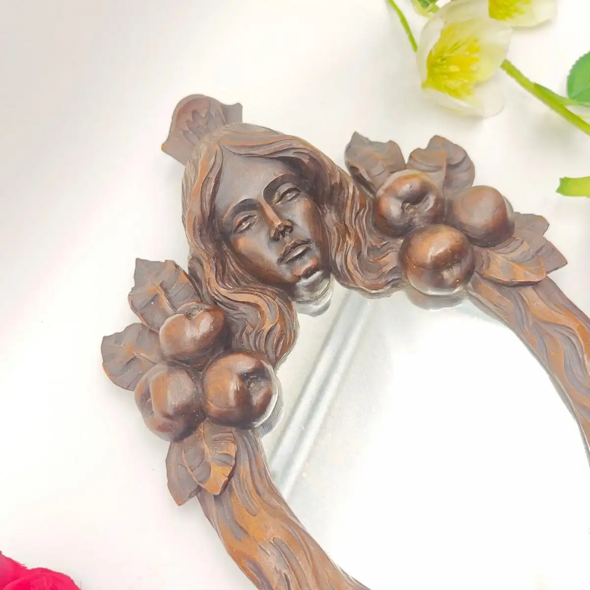 Handspiegel Schminkspiegel Spiegel Holz Jugendstil Schnitzerei Vanity Braut 6