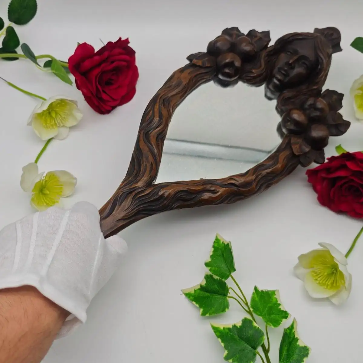 Handspiegel Schminkspiegel Spiegel Holz Jugendstil Schnitzerei Vanity Braut 9