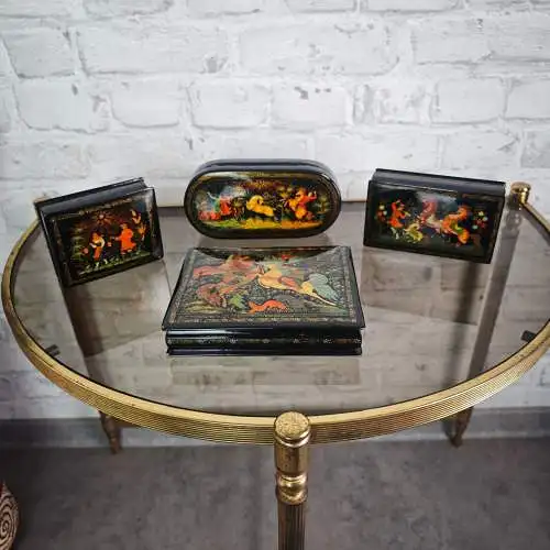 4x russische Lackdosen Set Palekh Handarbeit bemalt Miniaturmalerei Märchenmotiv
