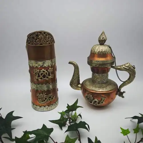 Tibet Nepal Kupfer Messing Kannen Set Drachenmotiv orientalisch Vintage Deko