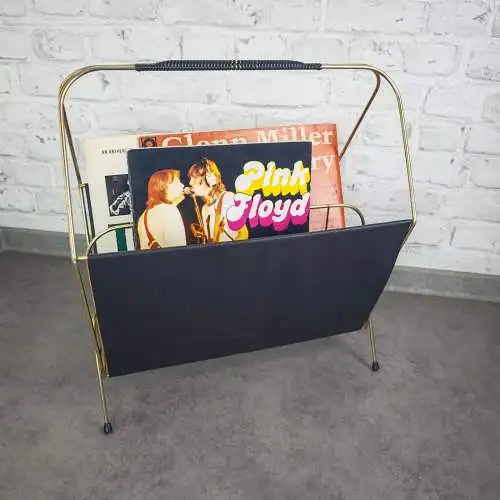 Zeitschriftenhalter Metall schwarz gold Midcentury LP Ständer vintage string Ära