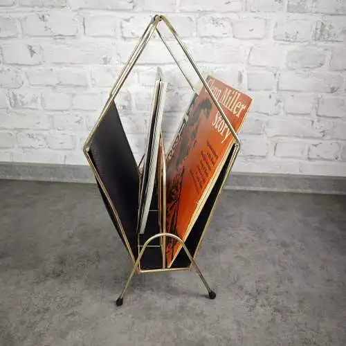 Zeitschriftenhalter Metall schwarz gold Midcentury LP Ständer vintage string Ära