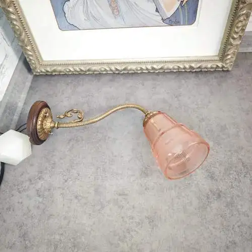 Wandlampe Messing rosa Glas Barock Nachttischlampe Vintage Leselampe Holz