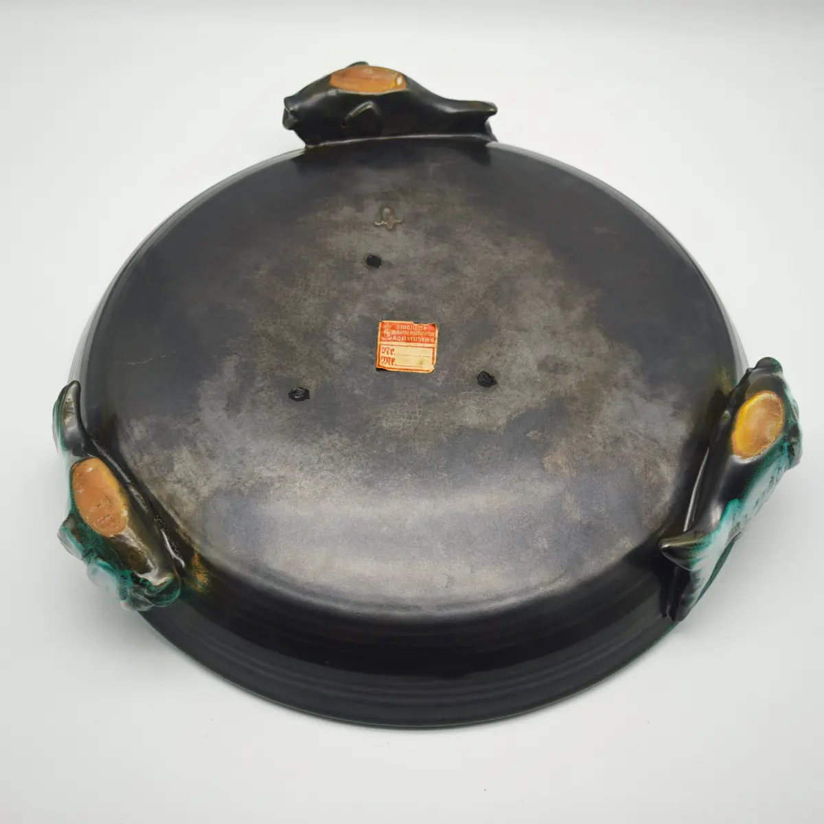 Große Keramikschale 3 Fische Majolika Karlsruhe von Max Heinze um 1930 6