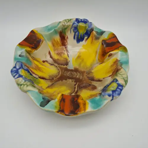 Keramik Aschenbecher Laufglasur bunt 60er Vintage Blumendekor Midcentury