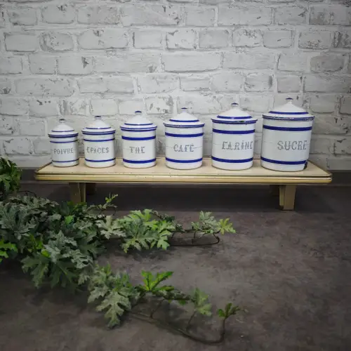 Antike Emaille Vorratsdosen Set 6 Stück blau weiß Frankreich Landhaus WeeNTAGE