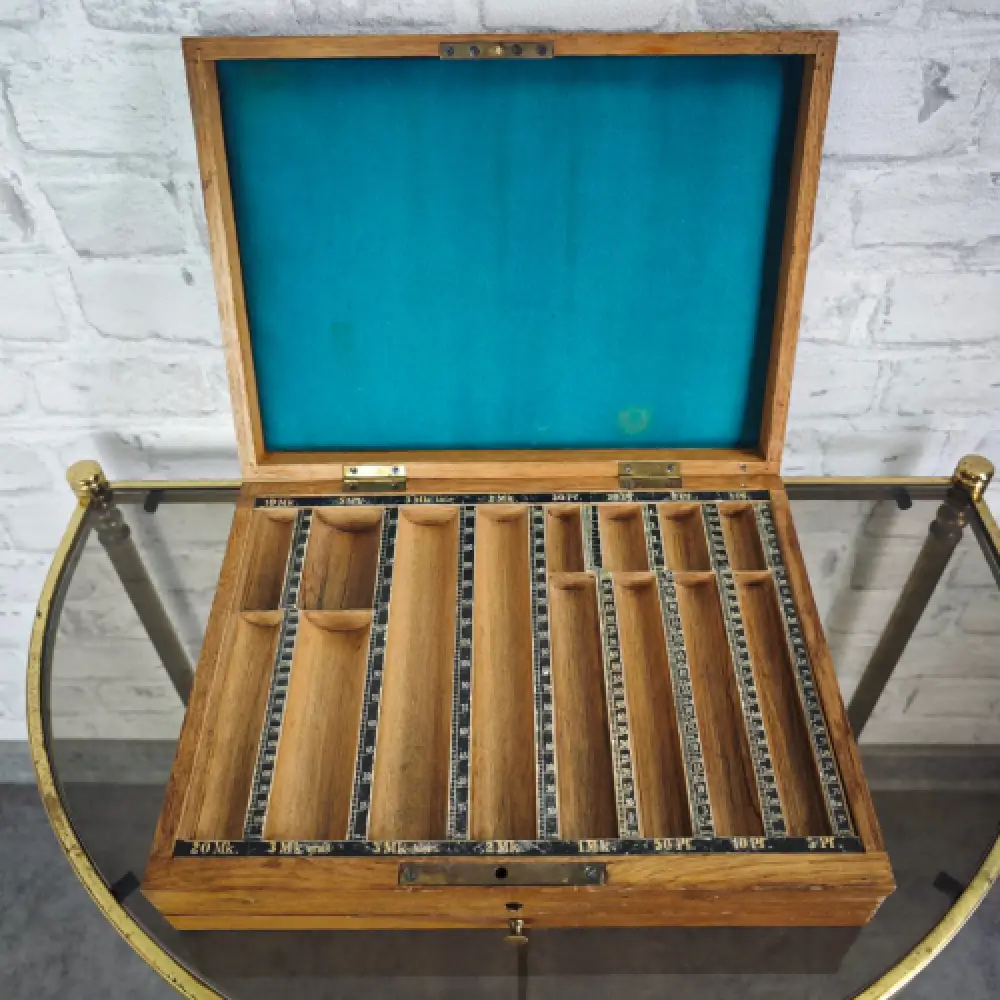 Stiebel Geld Zähl Cassette 11 antik Kasse Münz-Zählbrett Geldkassette WeeNTAGE 1