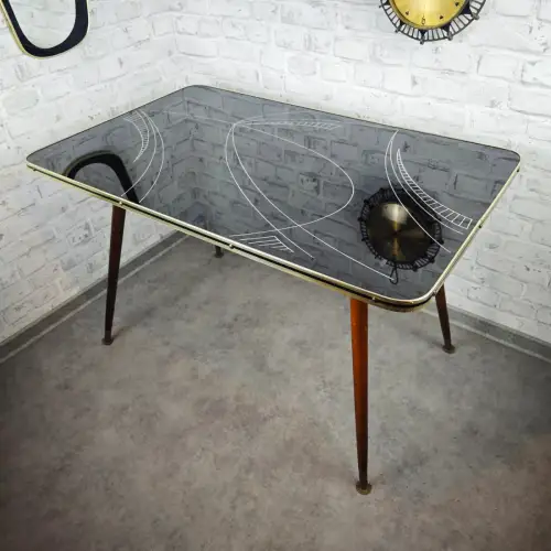 Tisch 50er schwarz Glas gold Sputnik Design Retro Vintage Midcentury WeeNTAGE