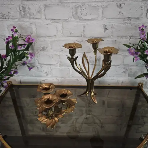 2 Kerzenhalter Messing Blumen Design Jugendstil Blüten goldfarben WeeNTAGE